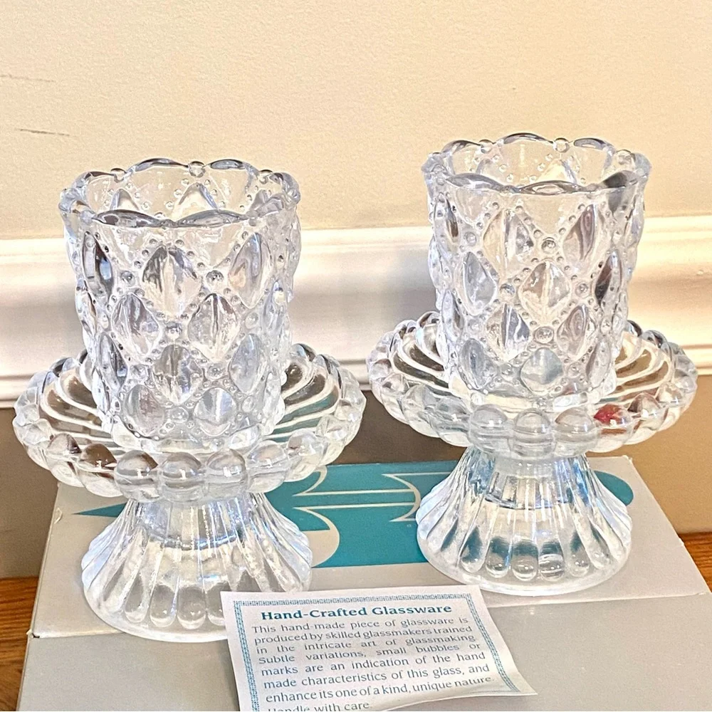 PARTY LITE LIKE NEW QUILTED CRYSTAL PAIR VOTIVE HOLDER CANDLE STICK BALL - Picture 5 of 10